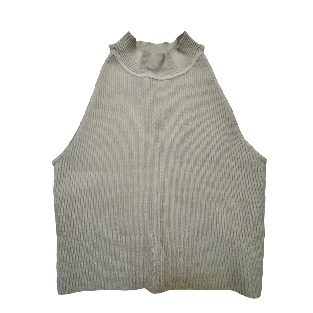 Babaton Ribbed Knit Halter Top Beige Mock Neck Sleeveless Tank Small